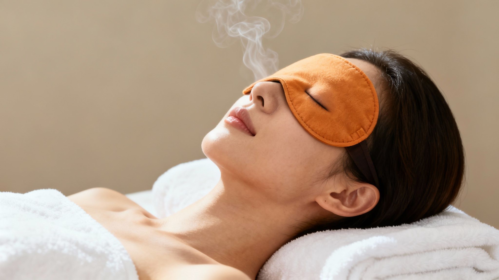 A woman with an orange eye mask enjoys a relaxing spa treatment with steam.