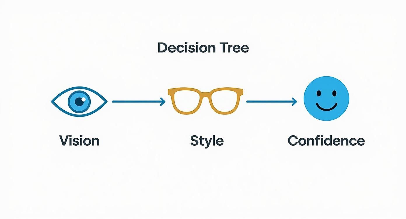A decision tree diagram showing an eye for Vision, leading to glasses for Style, then a happy face for Confidence.