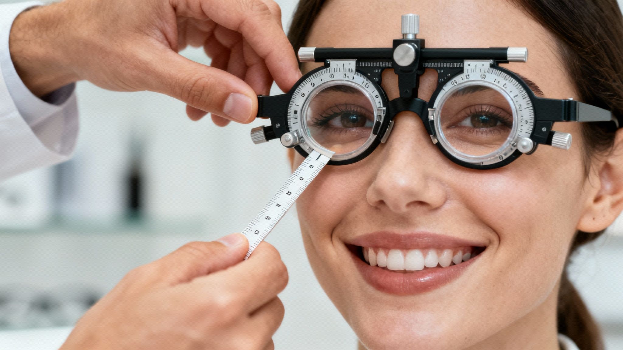 An optician carefully fitting a pair of designer eyeglasses on a patient in a modern boutique setting.