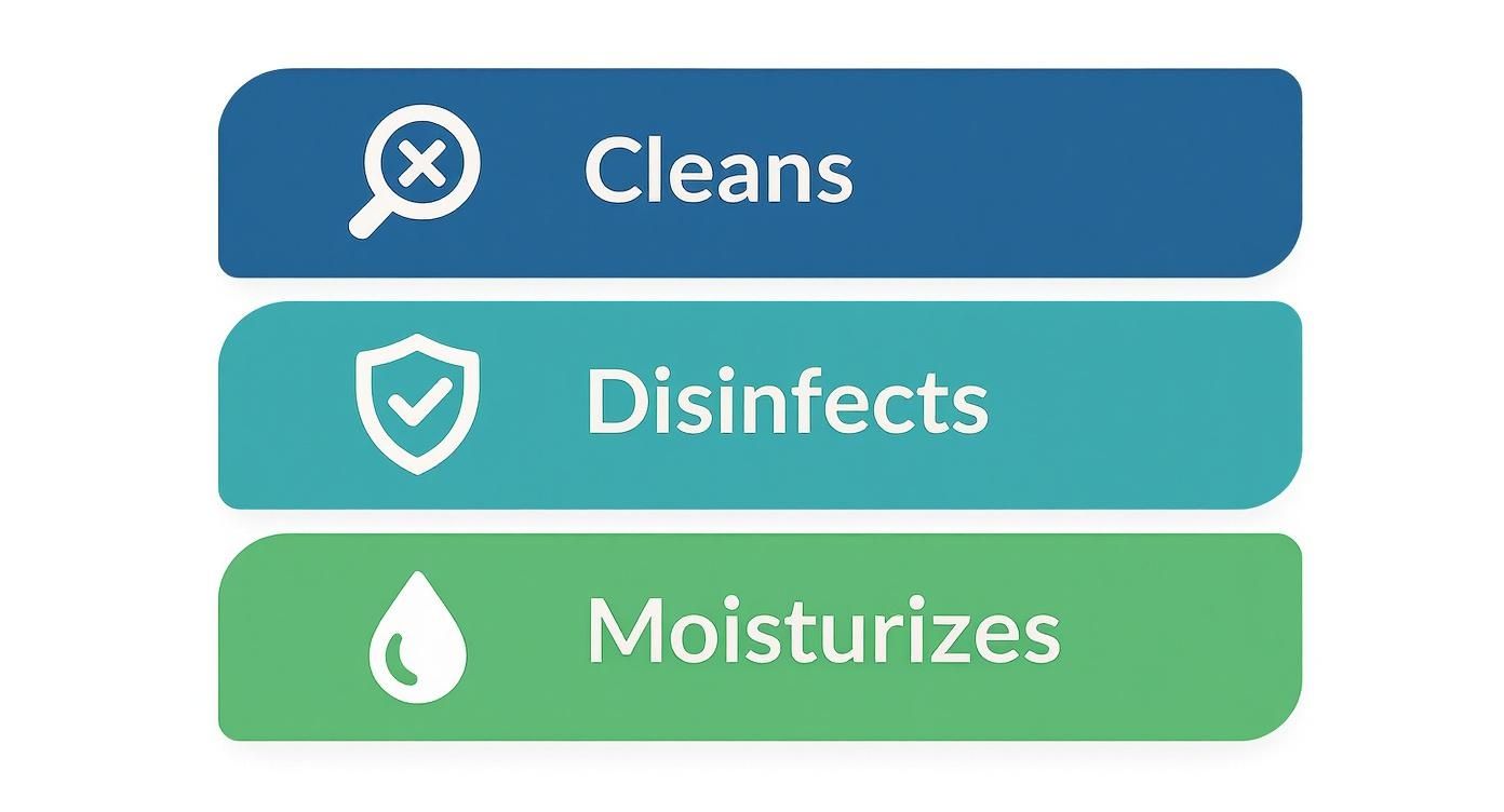 Three colored banners showing contact lens solution benefits: cleans, disinfects, and moisturizes with icons