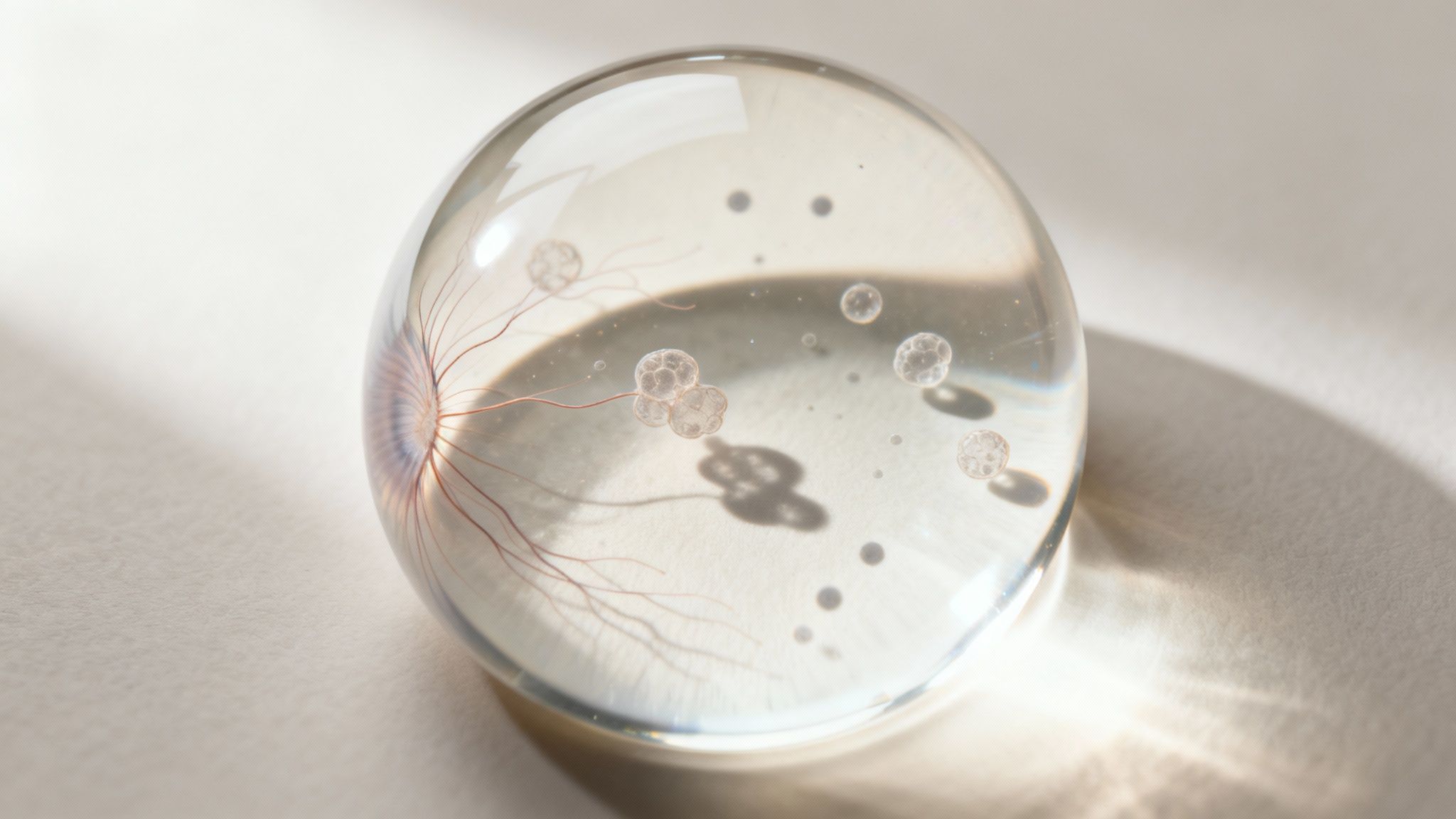 Close-up of a clear glass sphere containing translucent cellular structures and red branching tendrils.