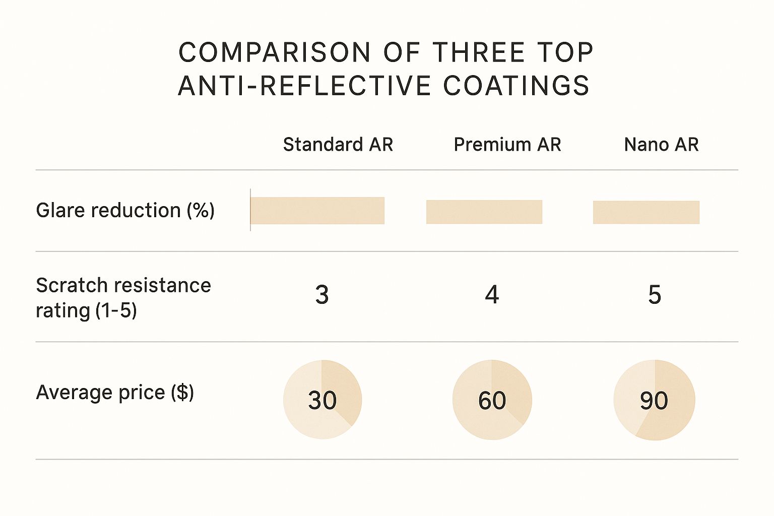 Infographic comparing Standard, Premium, and Nano AR coatings on glare reduction, scratch resistance, and average price.