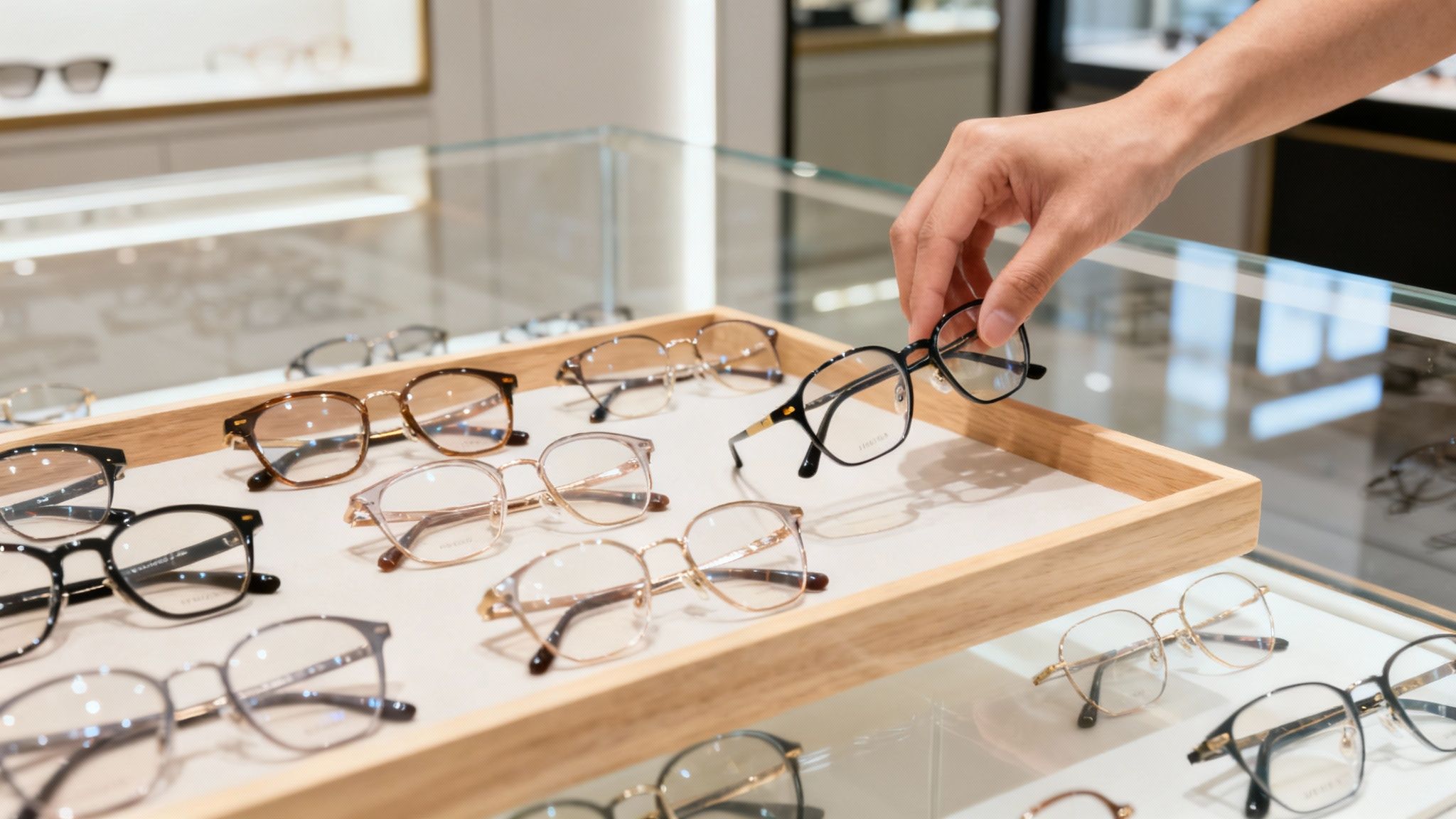 A hand picks up black-framed glasses from a wooden tray in an optical store.