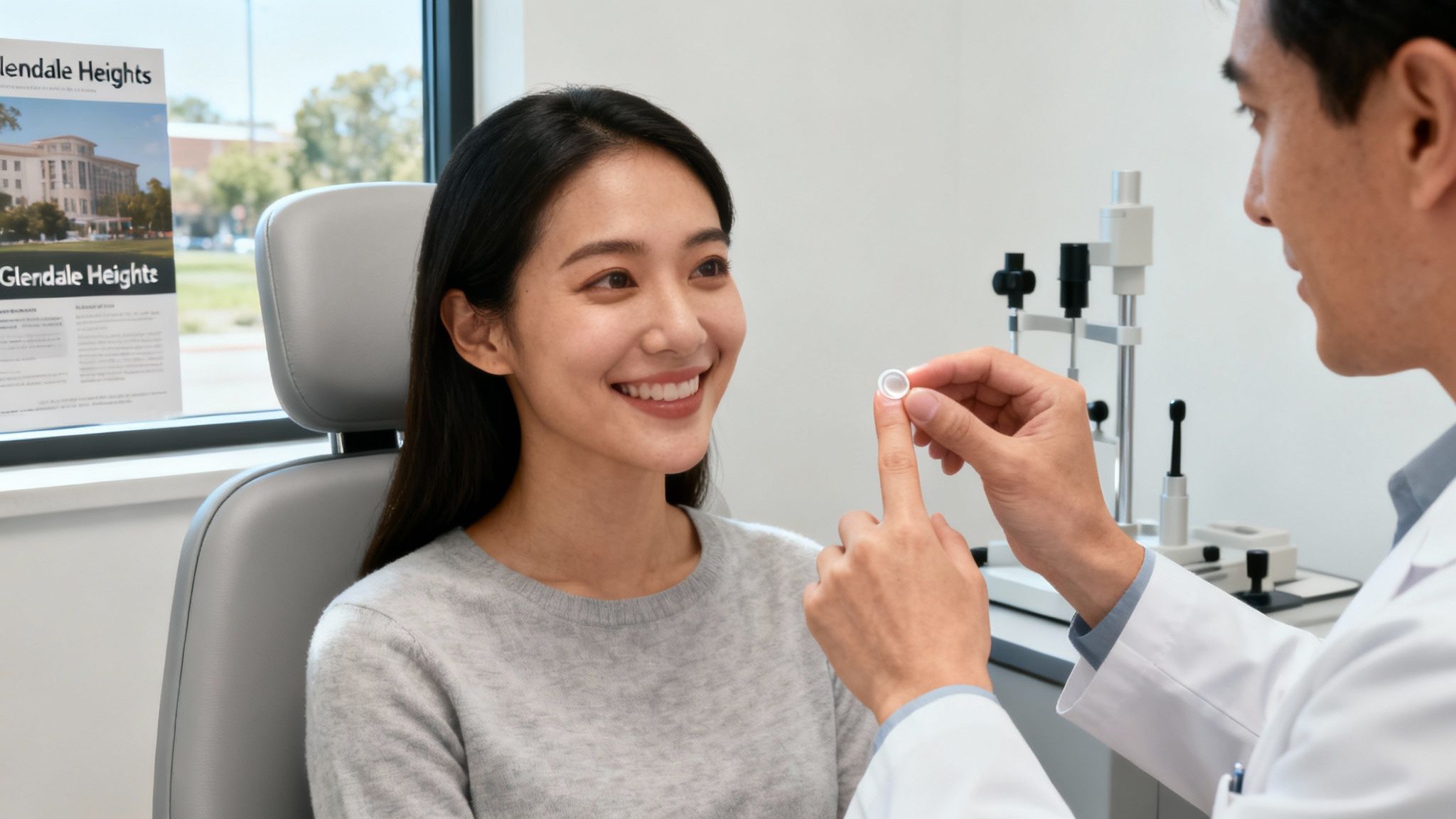 A close-up shot of a person's eye with a clear contact lens being inserted.