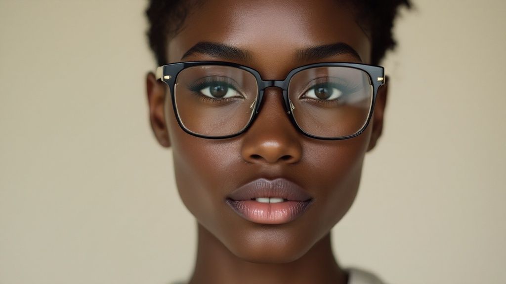 A woman with an oval face wearing stylish eyeglasses that complement her features.
