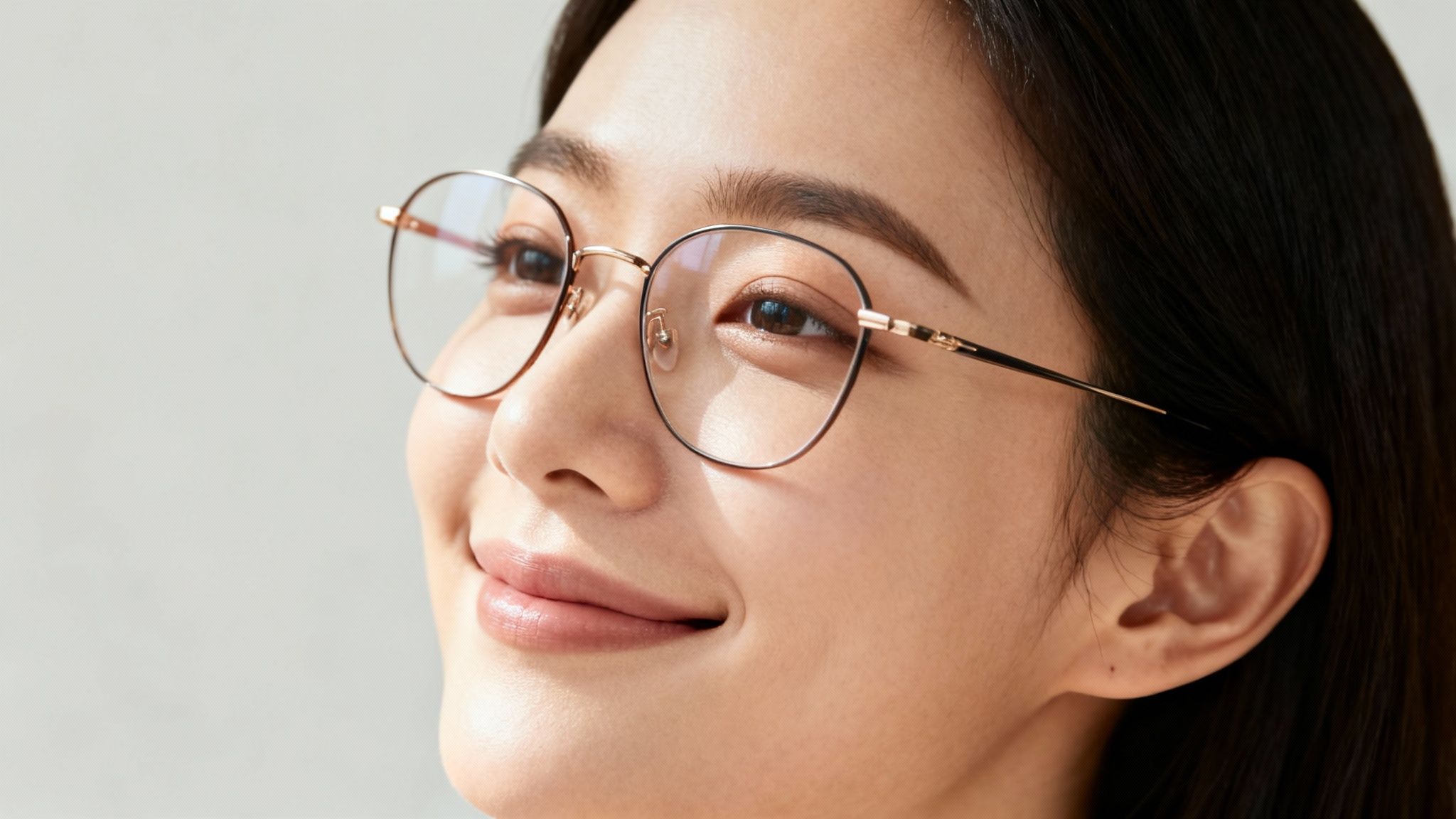 Close-up of a smiling young woman wearing modern eyeglasses, looking upwards.