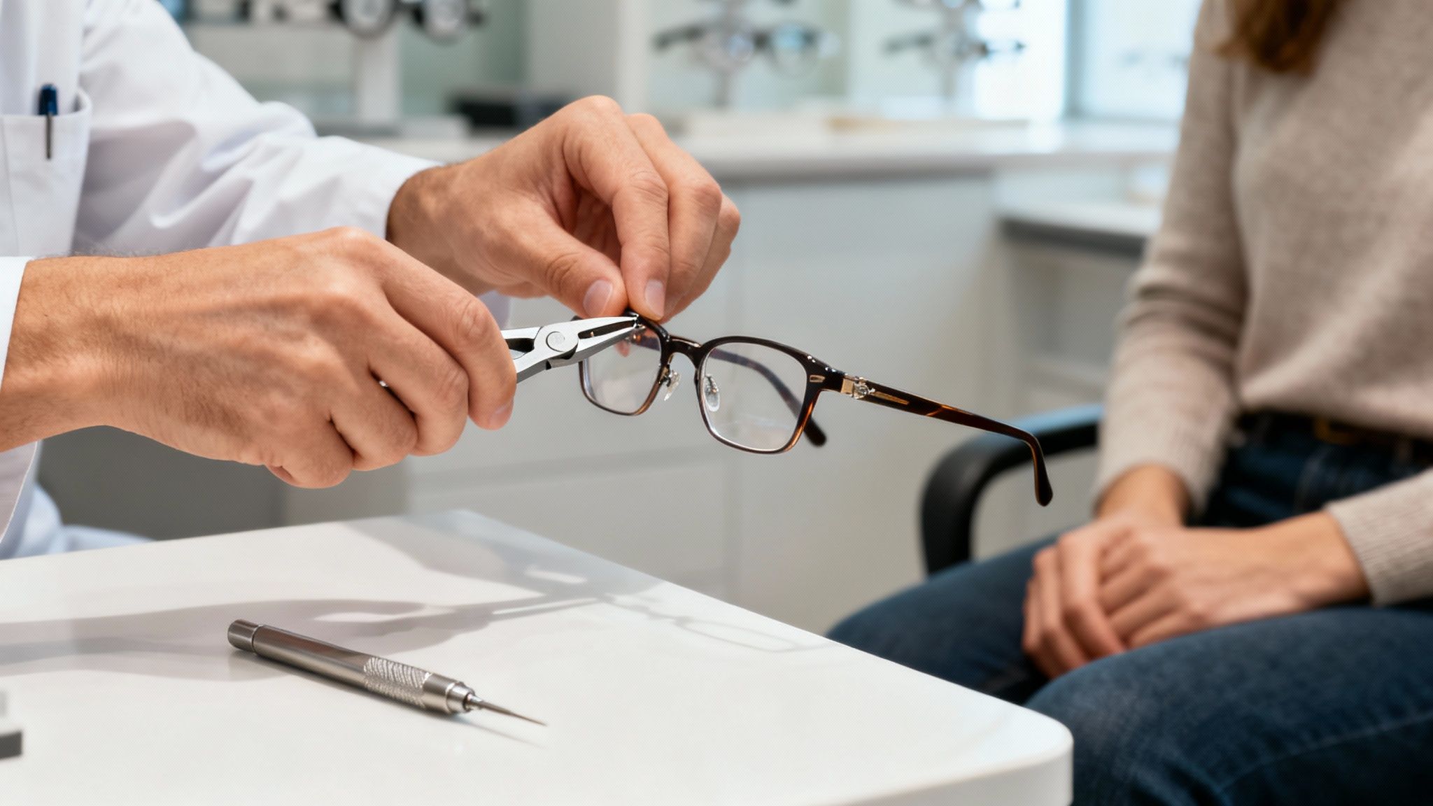 Optician adjusting eyeglasses frames with pliers during professional fitting appointment at optical store