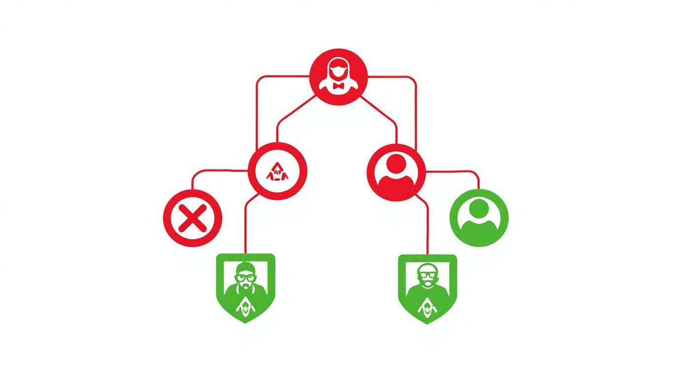 Hierarchical organizational chart showing team structure with approved and rejected members in red and green
