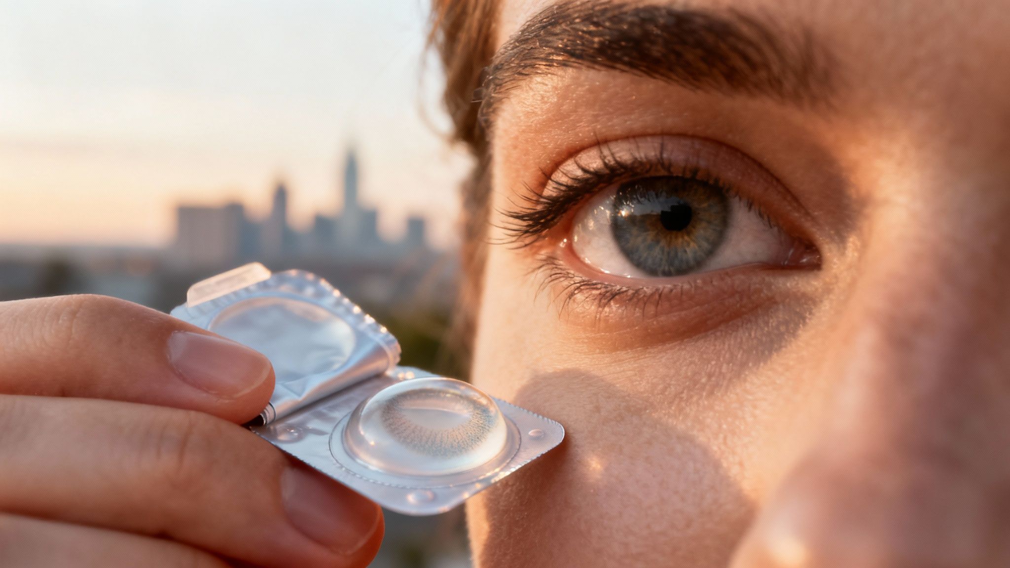 A person holding a disposable contact lens on their fingertip, ready for insertion.