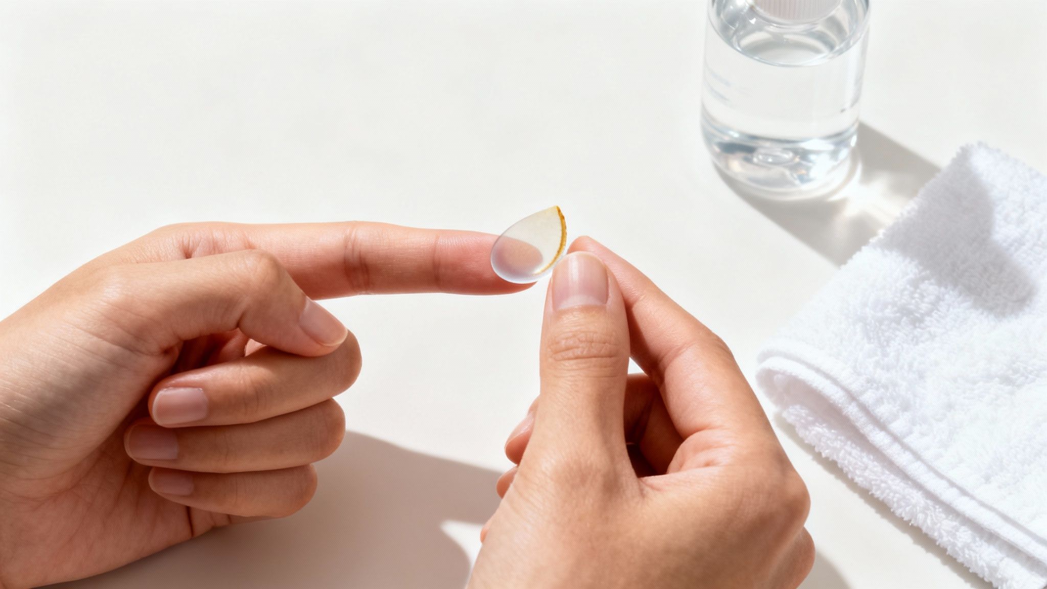 A person demonstrates the proper way to hold a contact lens on their fingertip, ready for insertion.