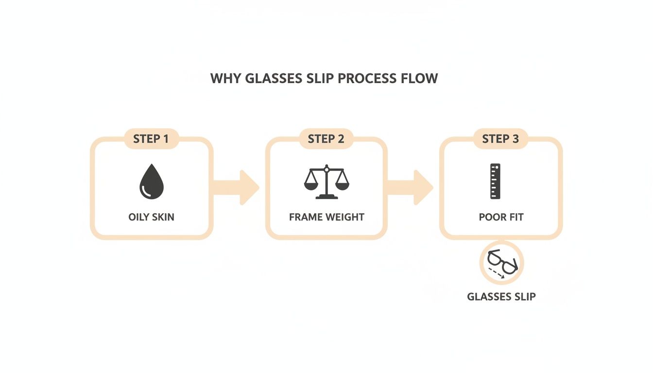 A process flow diagram explaining why glasses slip, detailing steps like oily skin, frame weight, and poor fit.