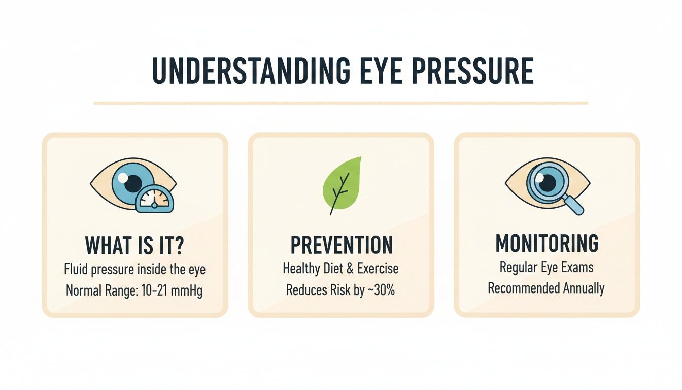 Infographic explaining eye pressure: definition, normal range, prevention through diet and exercise, and monitoring with annual eye exams.