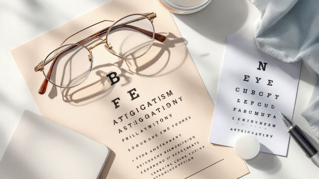 An optometrist using a phoropter to conduct an eye exam on a patient.
