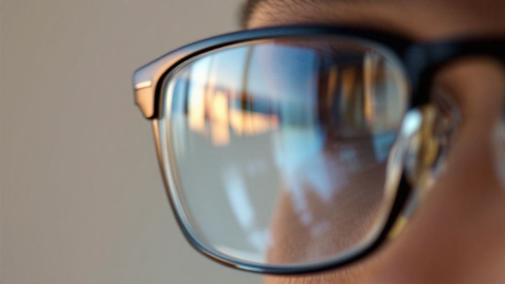A pair of glasses with an anti-reflective coating resting on a wooden surface, showing clear lenses without glare.