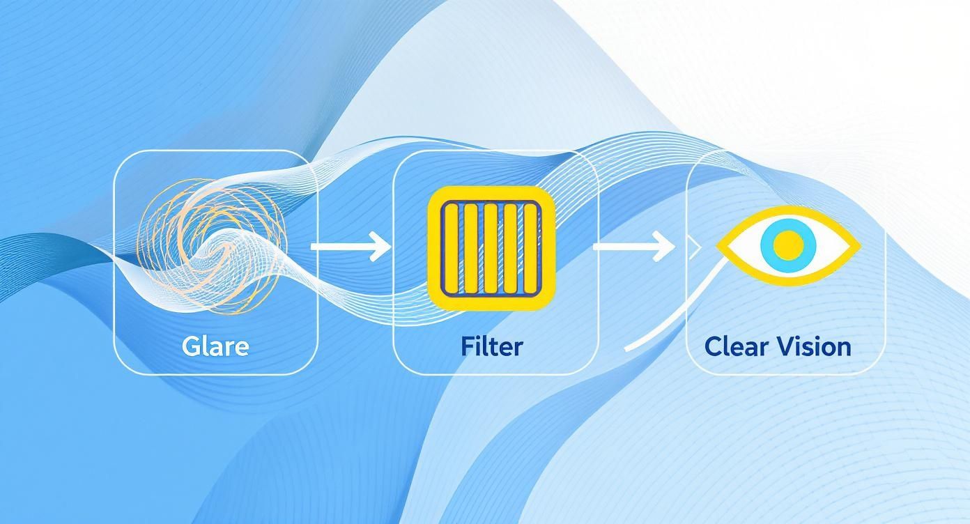 Diagram showing glare filtering process through polarized lenses resulting in clear vision with eye icon