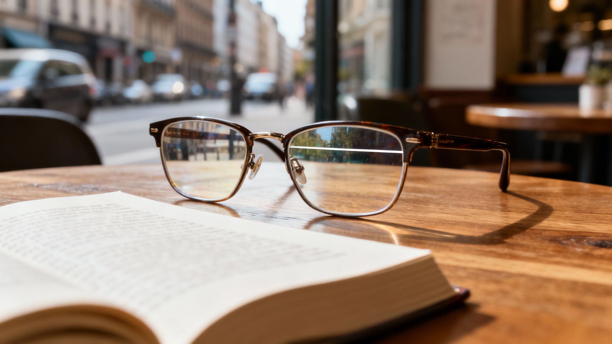 A pair of glasses rests on an open book on a wooden table, with a blurred city street in the background.