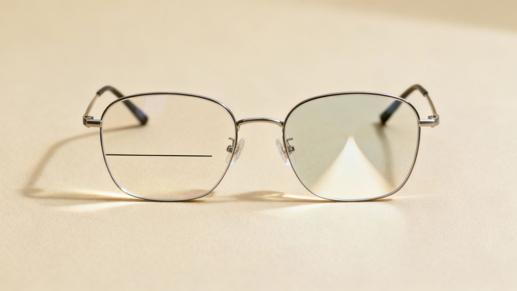 Silver-framed bifocal eyeglasses with a distinct line on the left lens, resting on a beige surface.