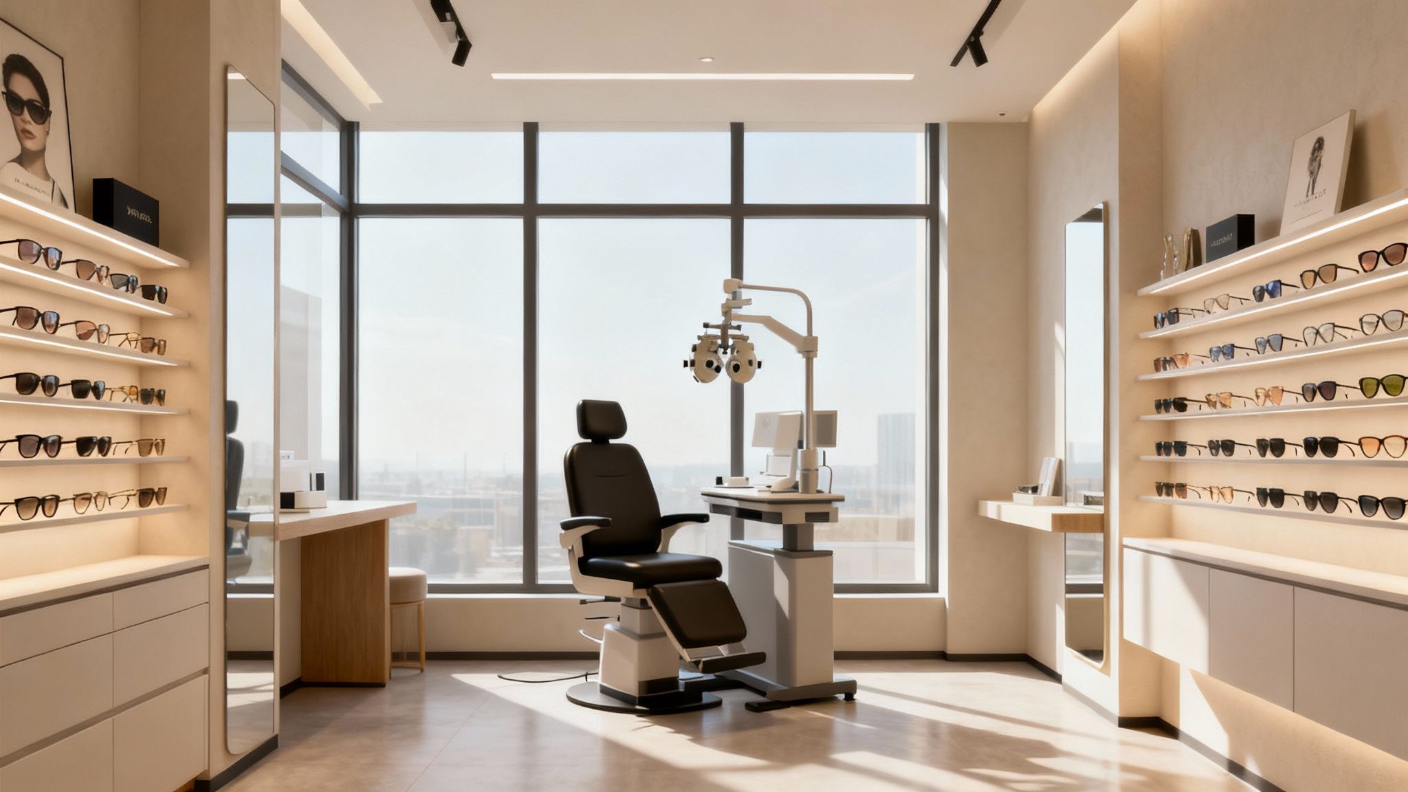 A professional but welcoming optometry clinic interior.