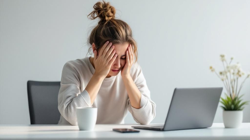 A person is sitting at a desk with a laptop, looking tired and rubbing their eyes, representing eye strain and fatigue which are common triggers for eye twitching.