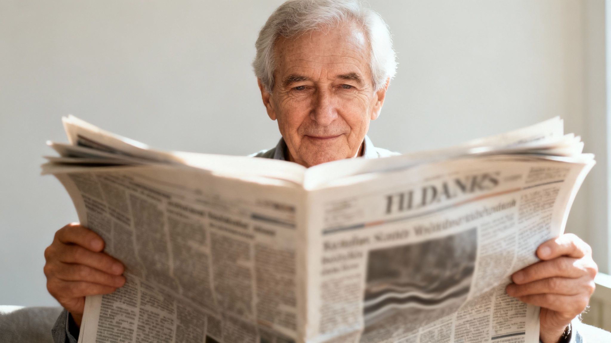 An elderly man with white hair smiling gently while focused on reading a newspaper.