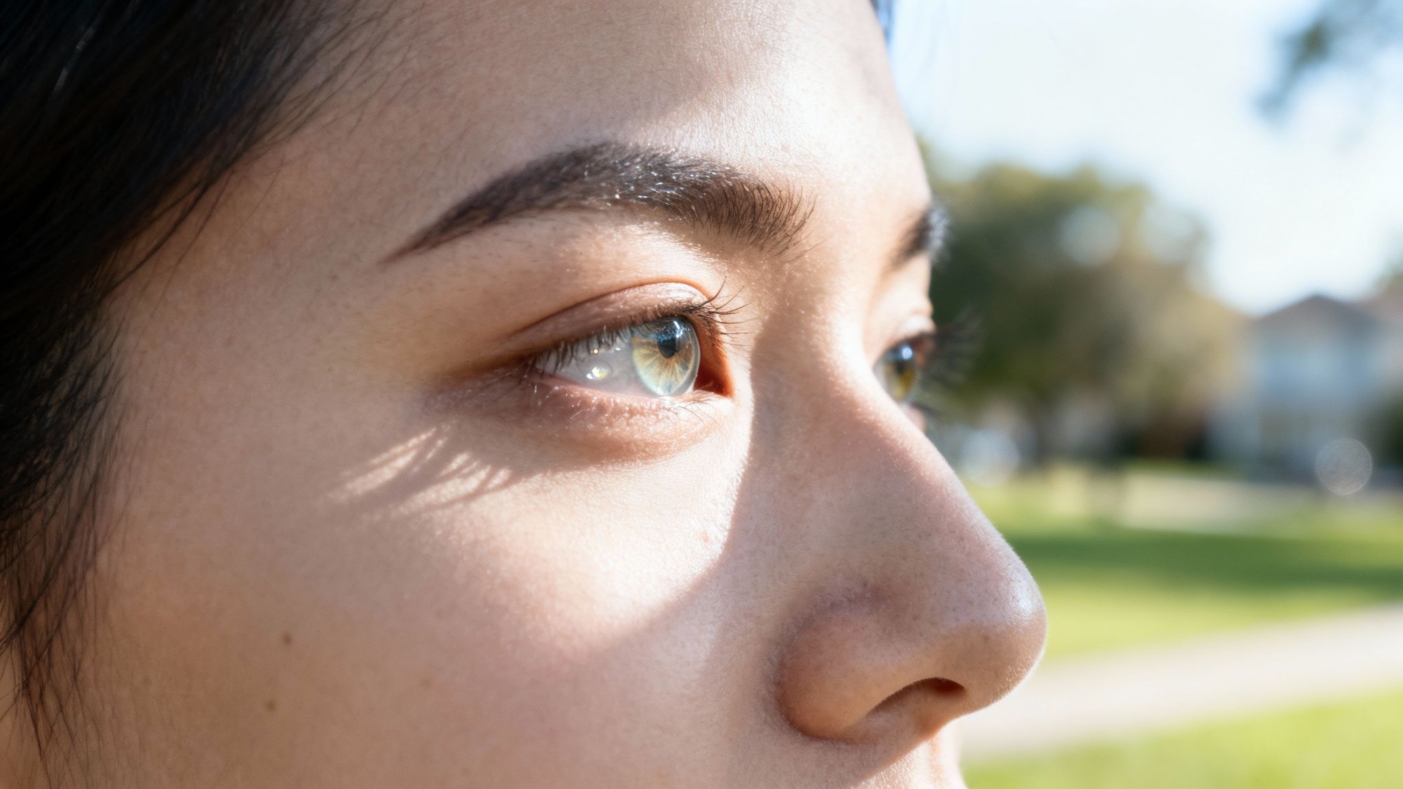 Close-up of a person's light green eye with sun reflections, looking towards a blurred park.