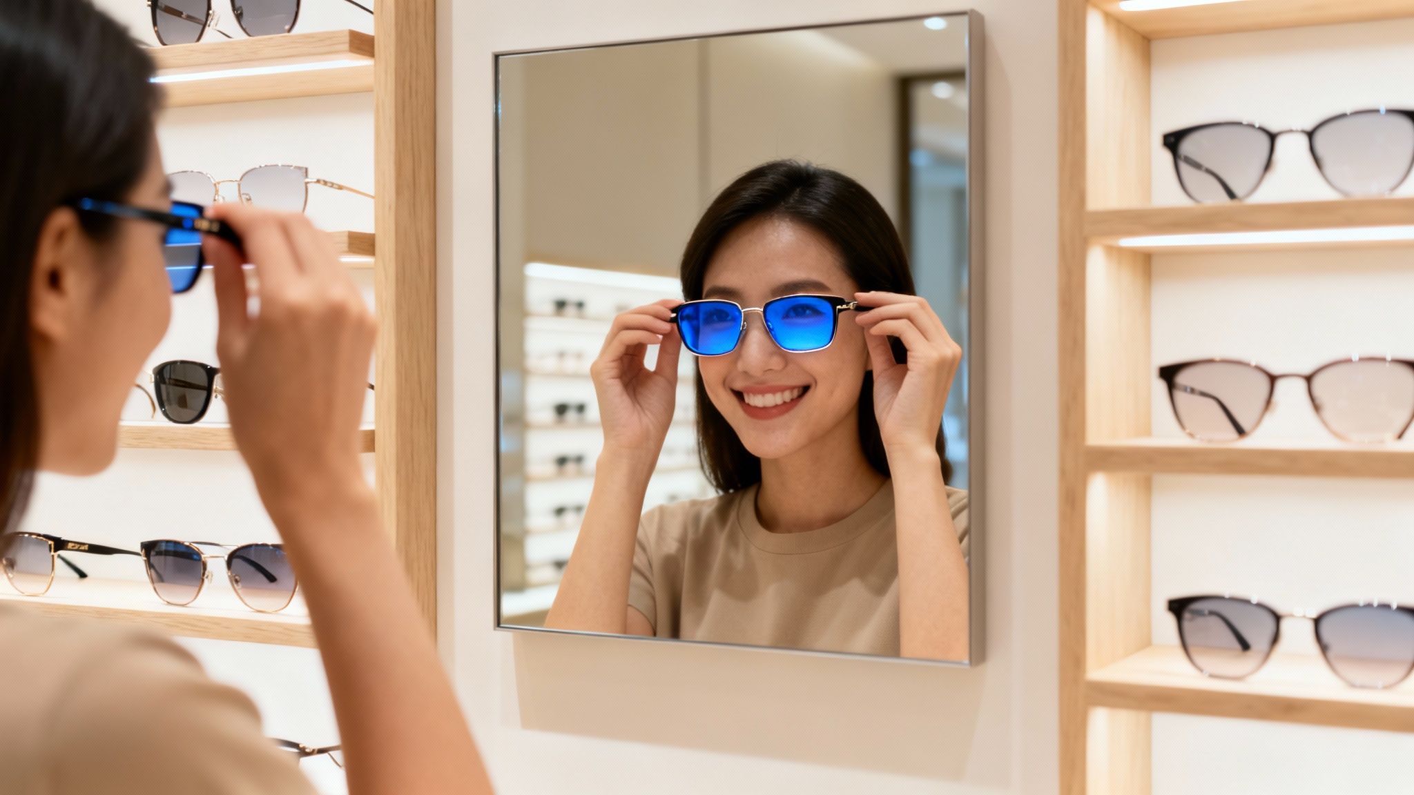 A smiling young Asian woman tries on blue sunglasses, looking at her reflection in a store mirror.