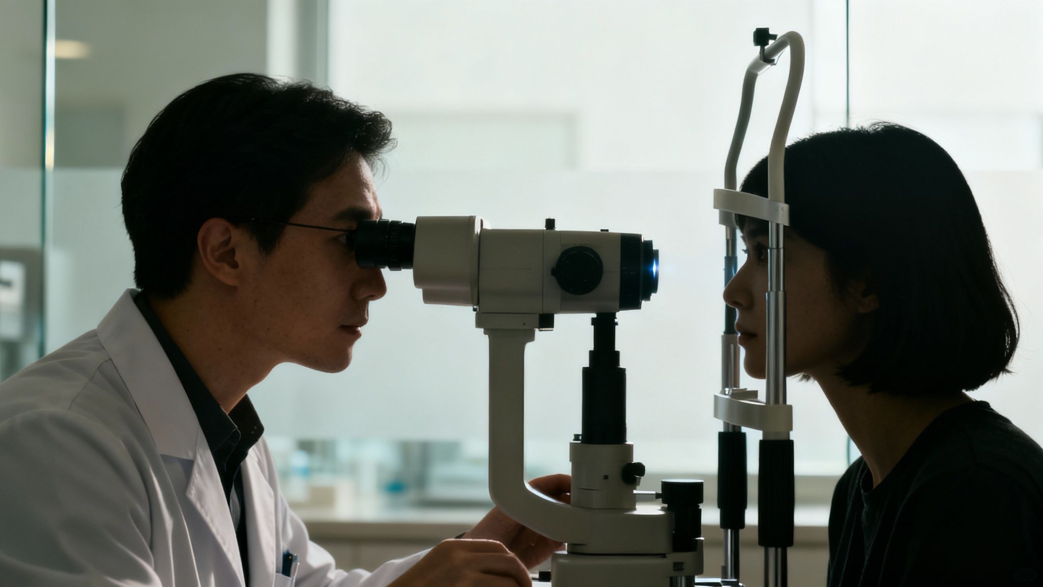 An eye doctor using advanced equipment to examine a patient's eyes.
