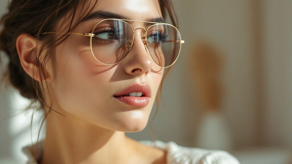 A woman with a round face wearing rectangular frames that add definition to her features.