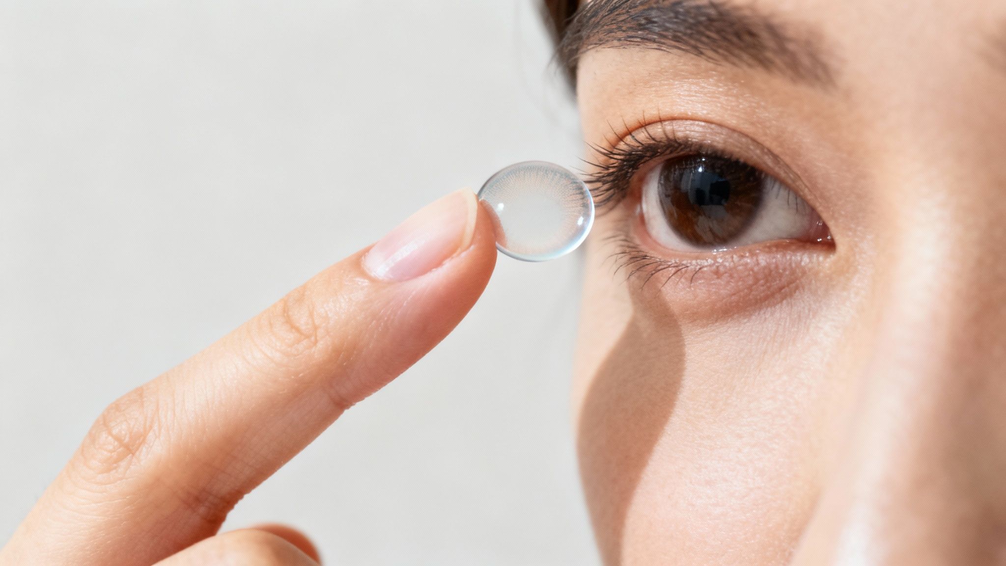 A close-up of a person gently pinching a contact lens off their eye, demonstrating the pinch method.