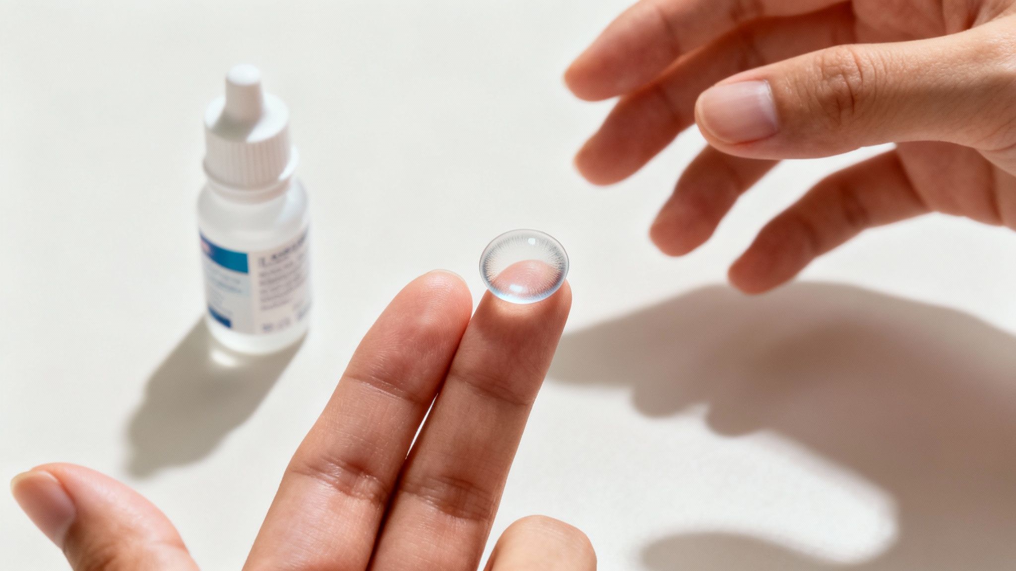 A bottle of eye drops and a contact lens case on a clean surface.