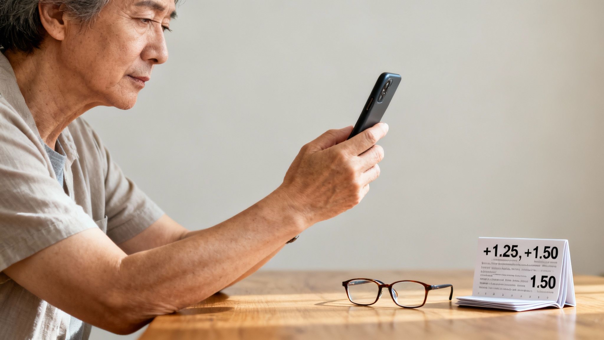 An older Asian man looks at his smartphone, with reading glasses and a vision test chart on the table.