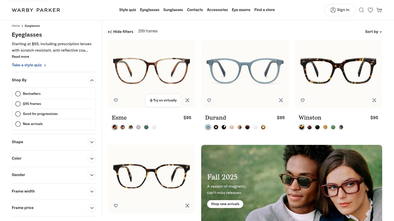 Warby Parker's website showcasing a variety of modern eyeglass frames.