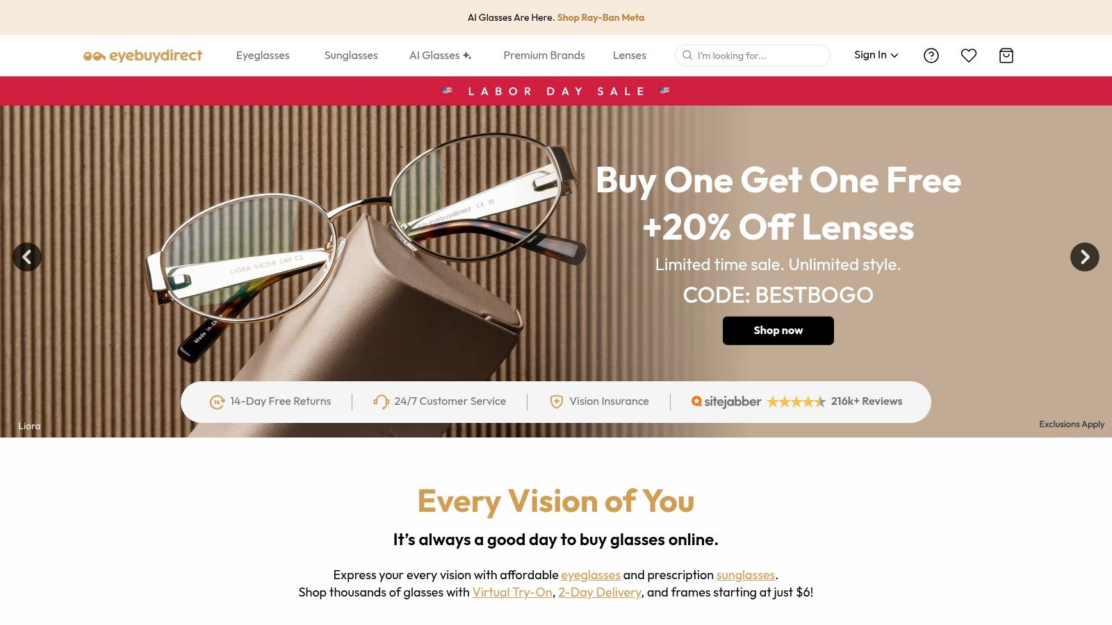 EyeBuyDirect's website showing its virtual try-on feature and a wide selection of frames.