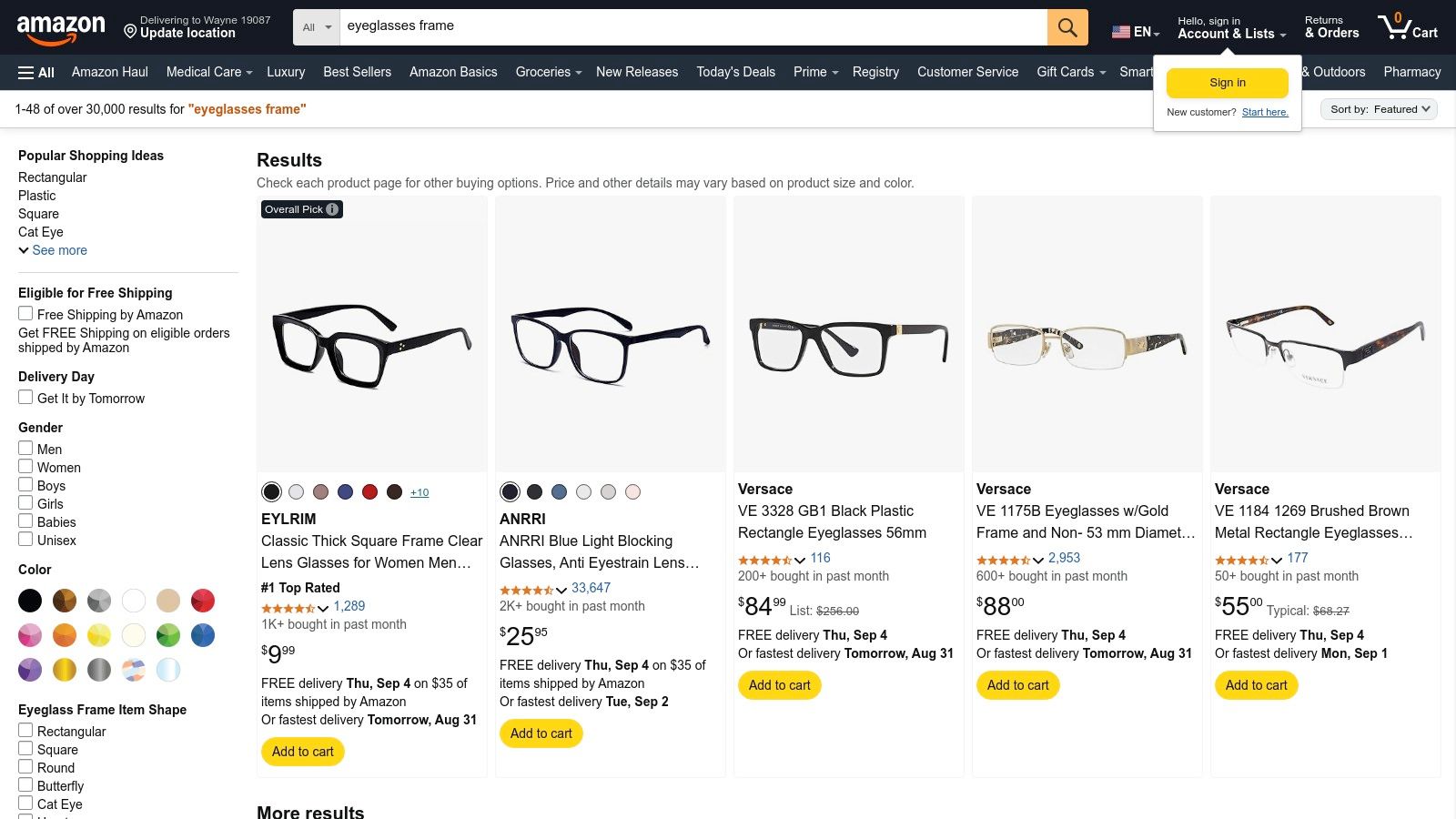 A screenshot of Amazon's website displaying a wide array of eyeglass frames.