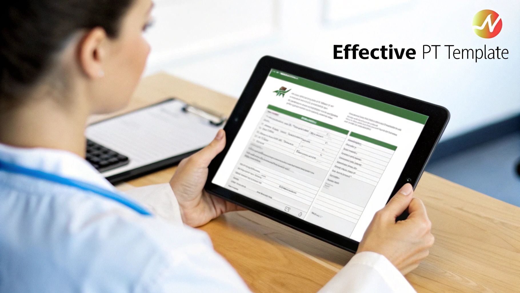 A physical therapist reviewing documentation on a tablet with a patient in the background.