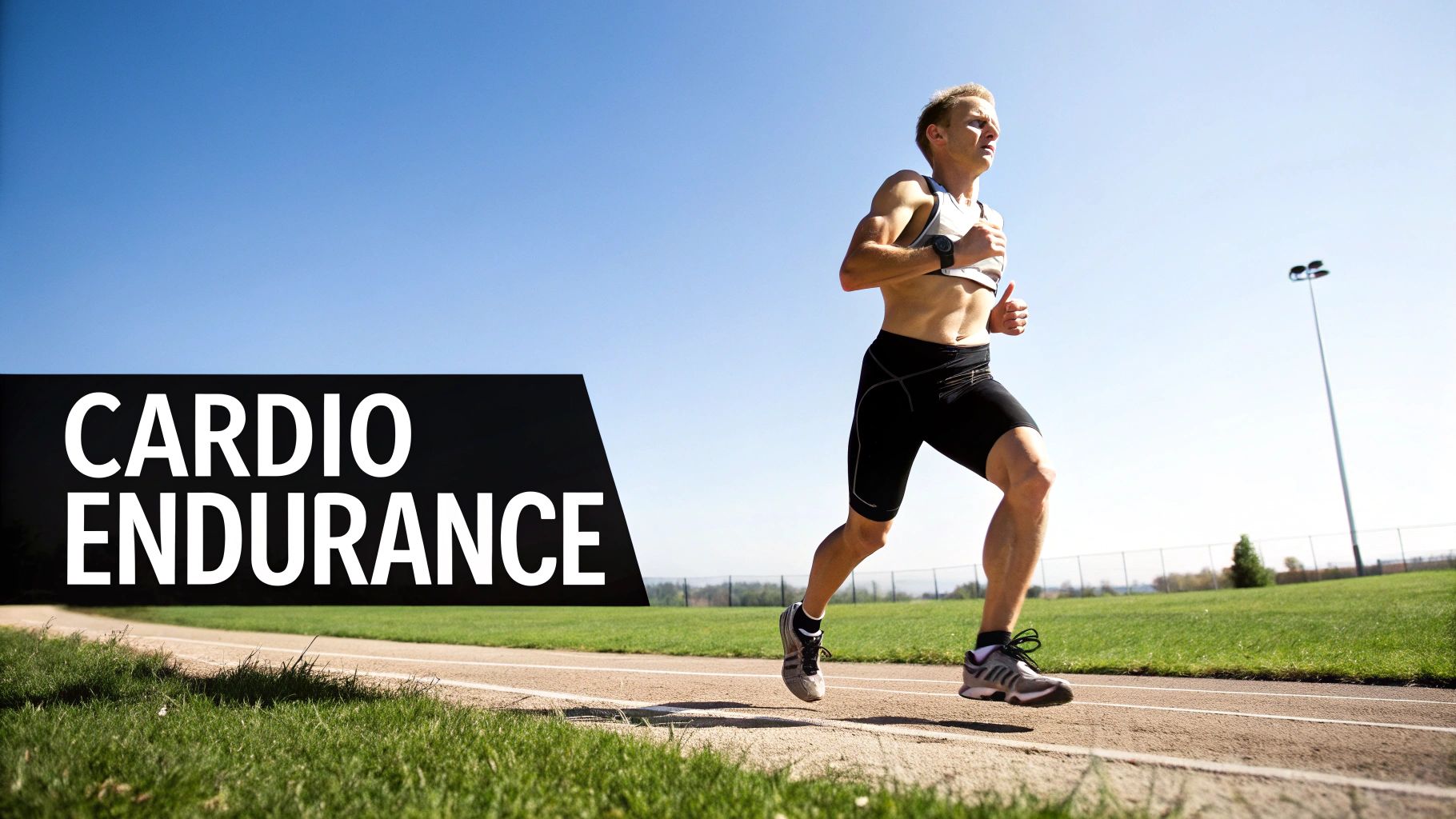 How to Measure Cardiovascular Endurance for Peak Performance 2 A male athlete runs on a track under a bright sky, promoting cardio endurance training.