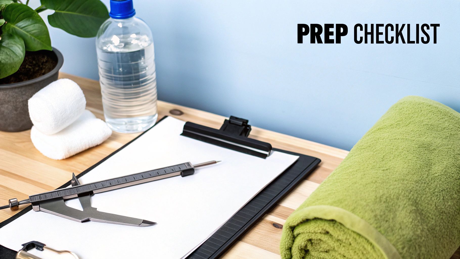 Mastering Body Fat Measurement Using Calipers: A Practical Guide 2 A fitness preparation setup with a body fat caliper, water bottle, towels, and a clipboard.