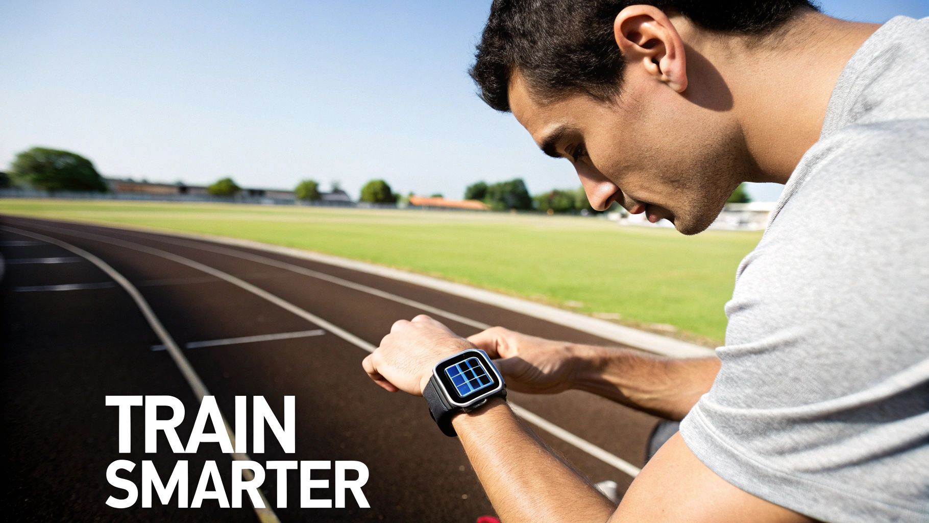 A man on a running track checks his smartwatch, displaying a blue grid, with text 'TRAIN SMARTER'.