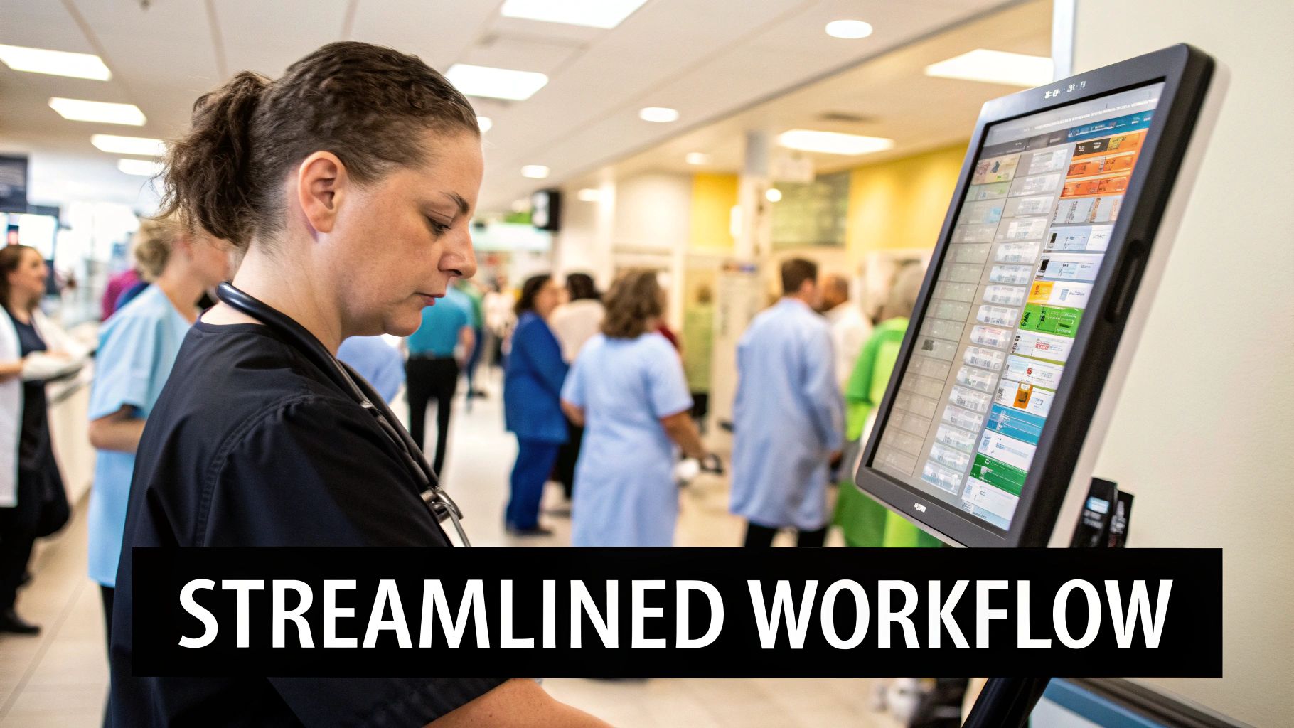 A physical therapist efficiently completing documentation on a tablet, looking relaxed and professional.
