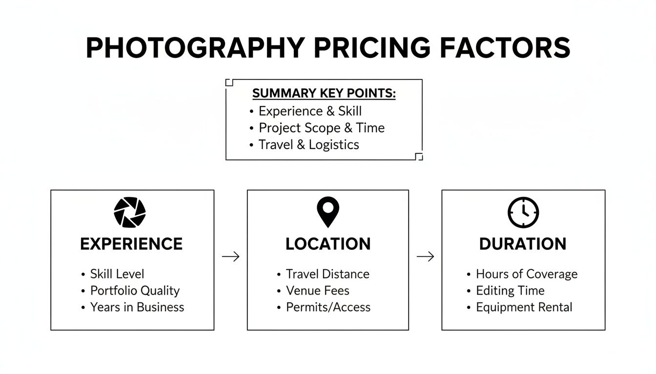 A diagram outlining photography pricing factors: experience, location, and duration, with key points.