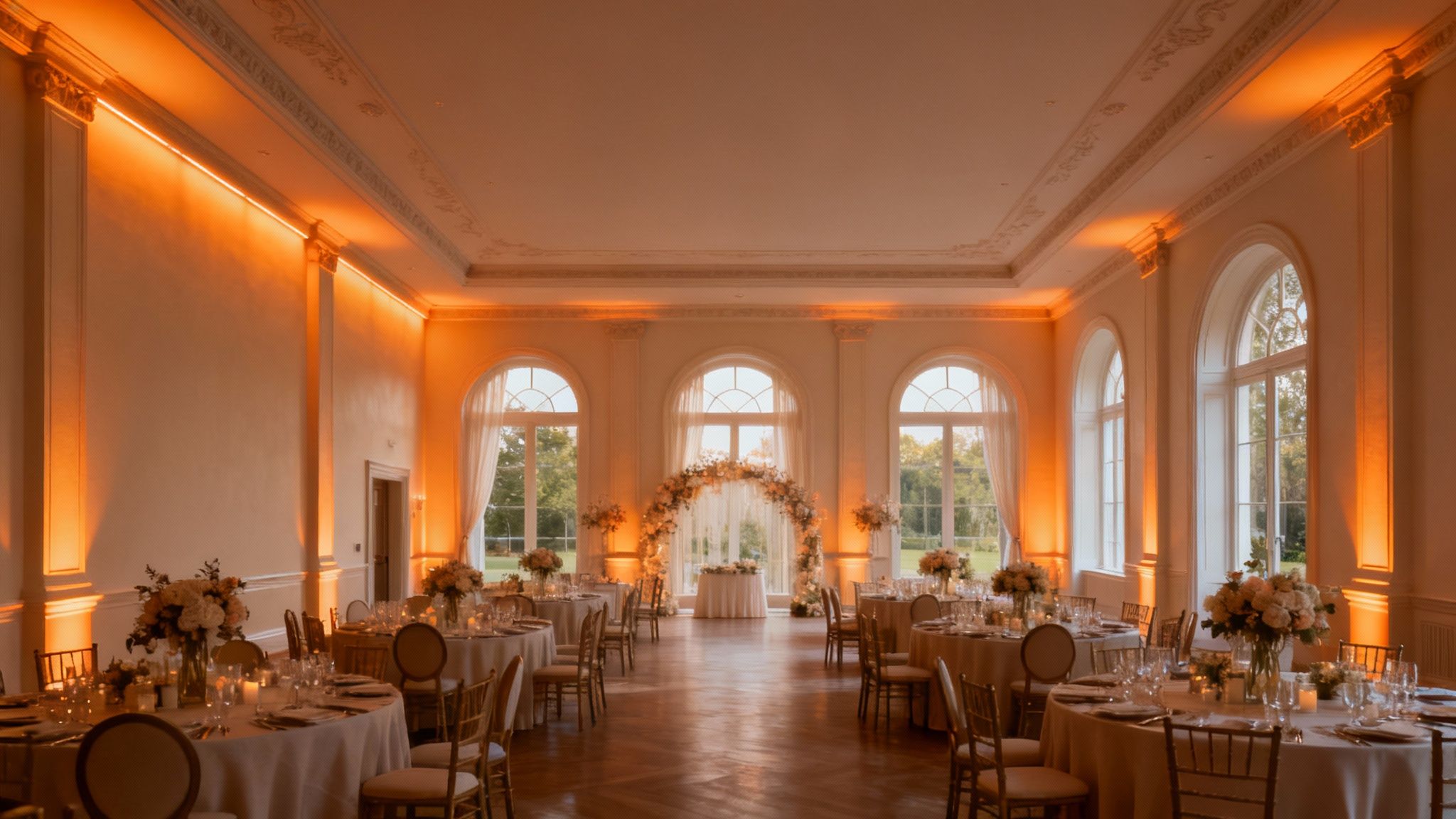A wedding reception hall with warm, golden uplighting along the walls, creating an elegant ambiance.