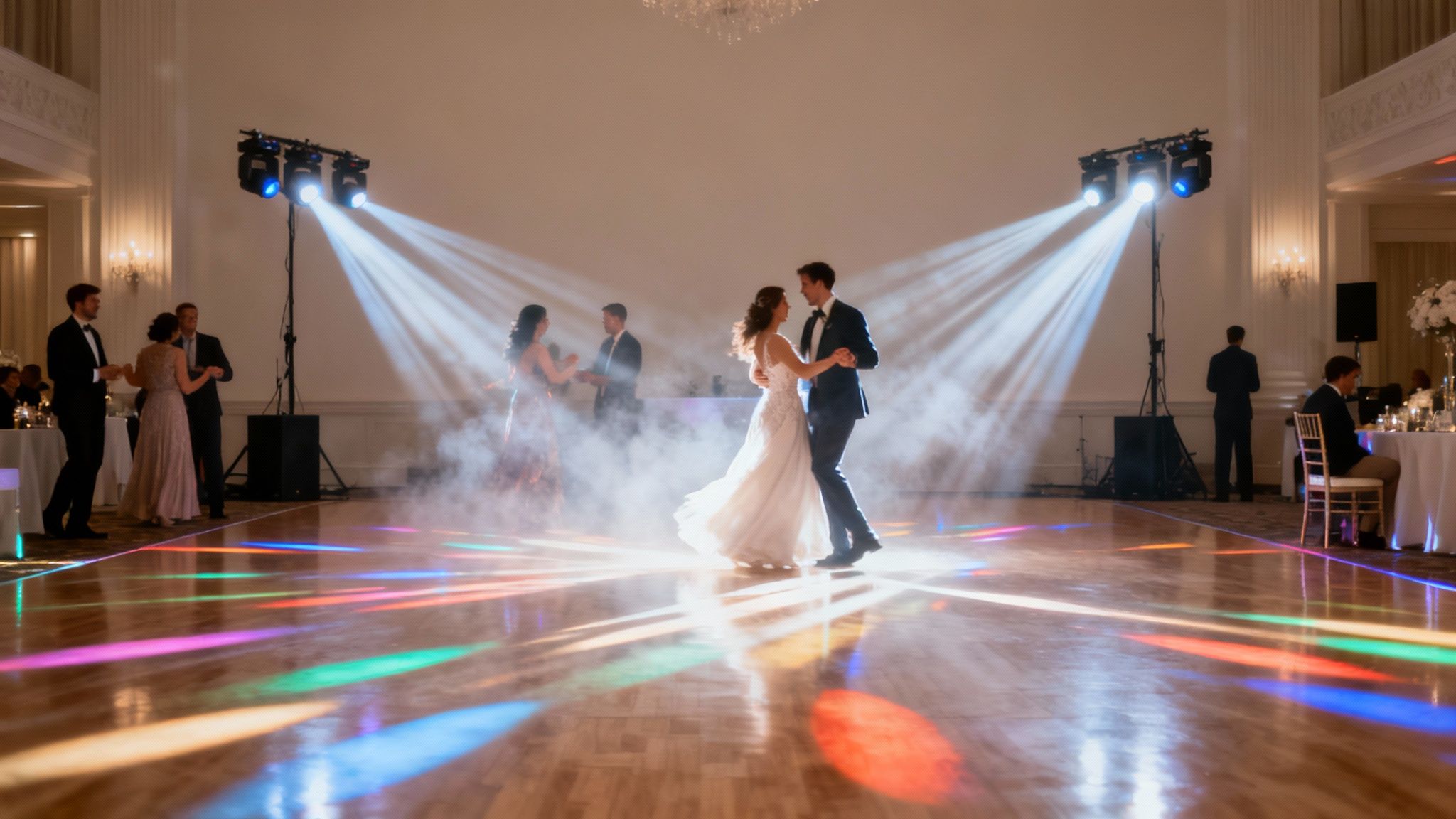 A bride and groom share a romantic first dance on a colorful, smoke-filled dance floor.