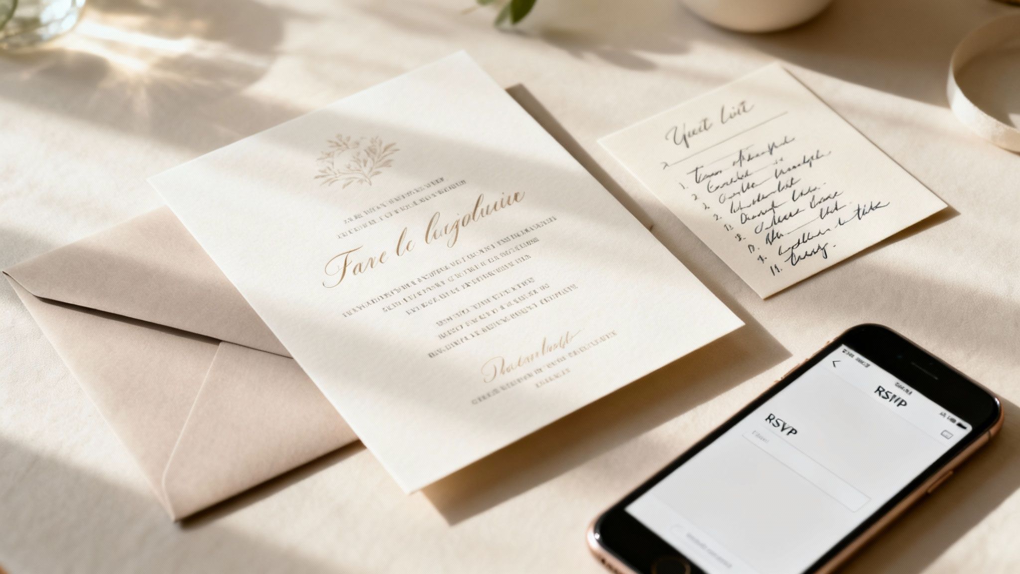 Elegant wedding invitation suite with an envelope, handwritten guest list, and a smartphone displaying an RSVP form.