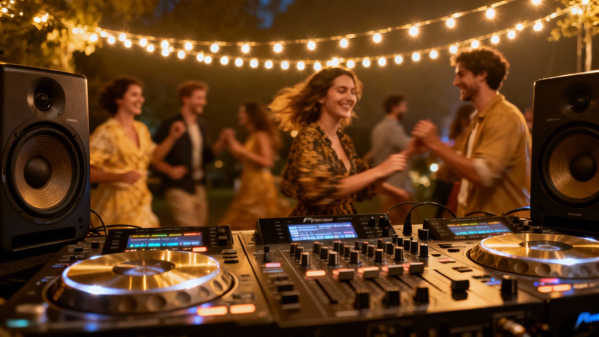 A close-up of a DJ setup with speakers, mixer, and turntables, with people dancing at an outdoor party in the background.