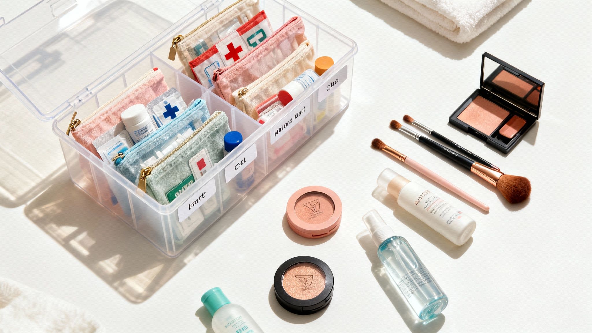 A woman organizing items into a wedding day emergency kit bag.