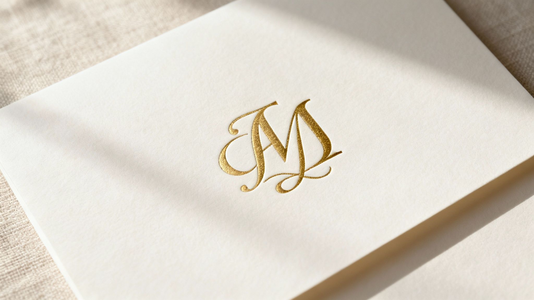 Close-up of a custom wedding monogram with initials and floral design printed on an invitation.