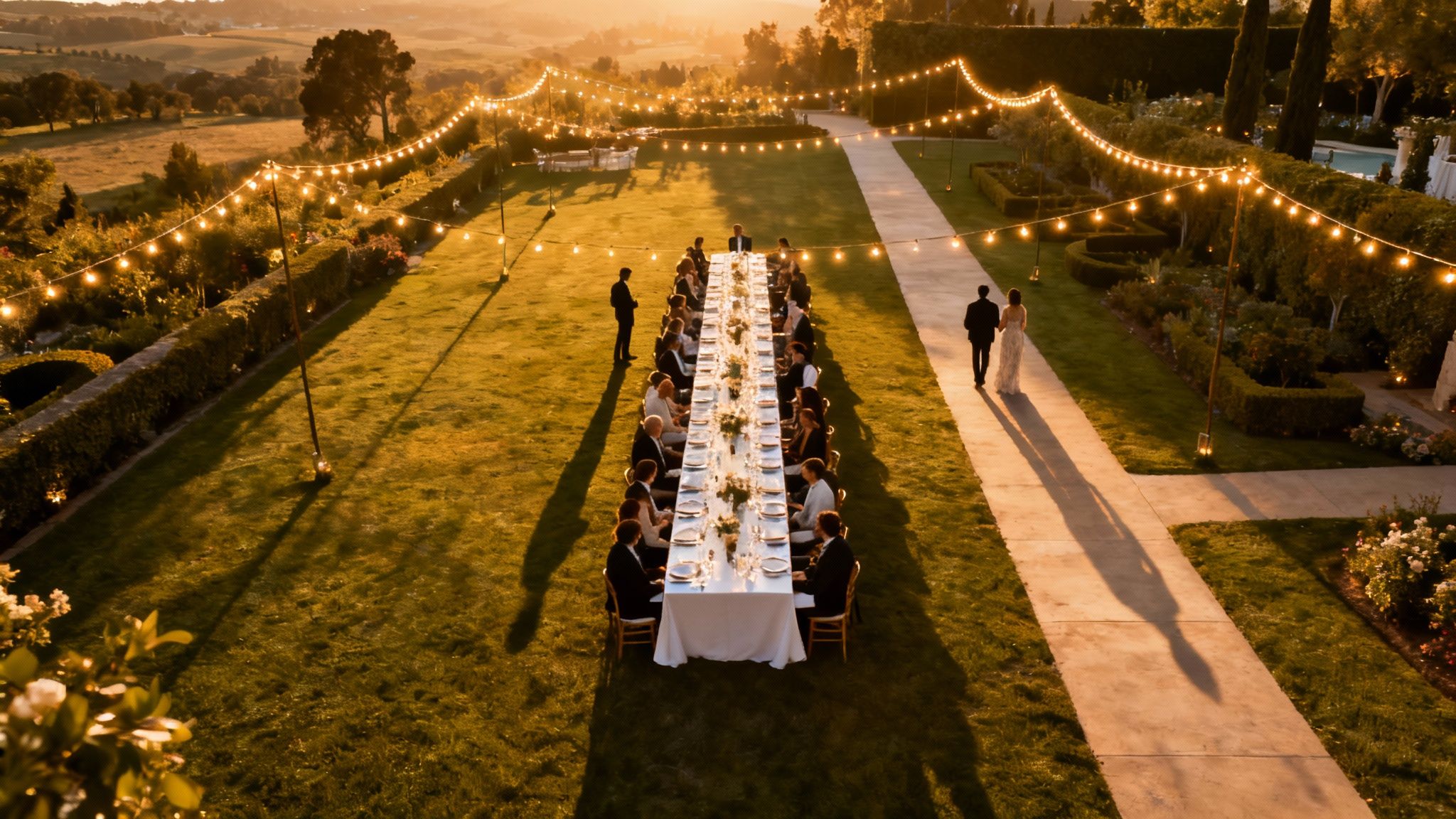 An elegant outdoor evening wedding reception with a long dining table, string lights, and guests.