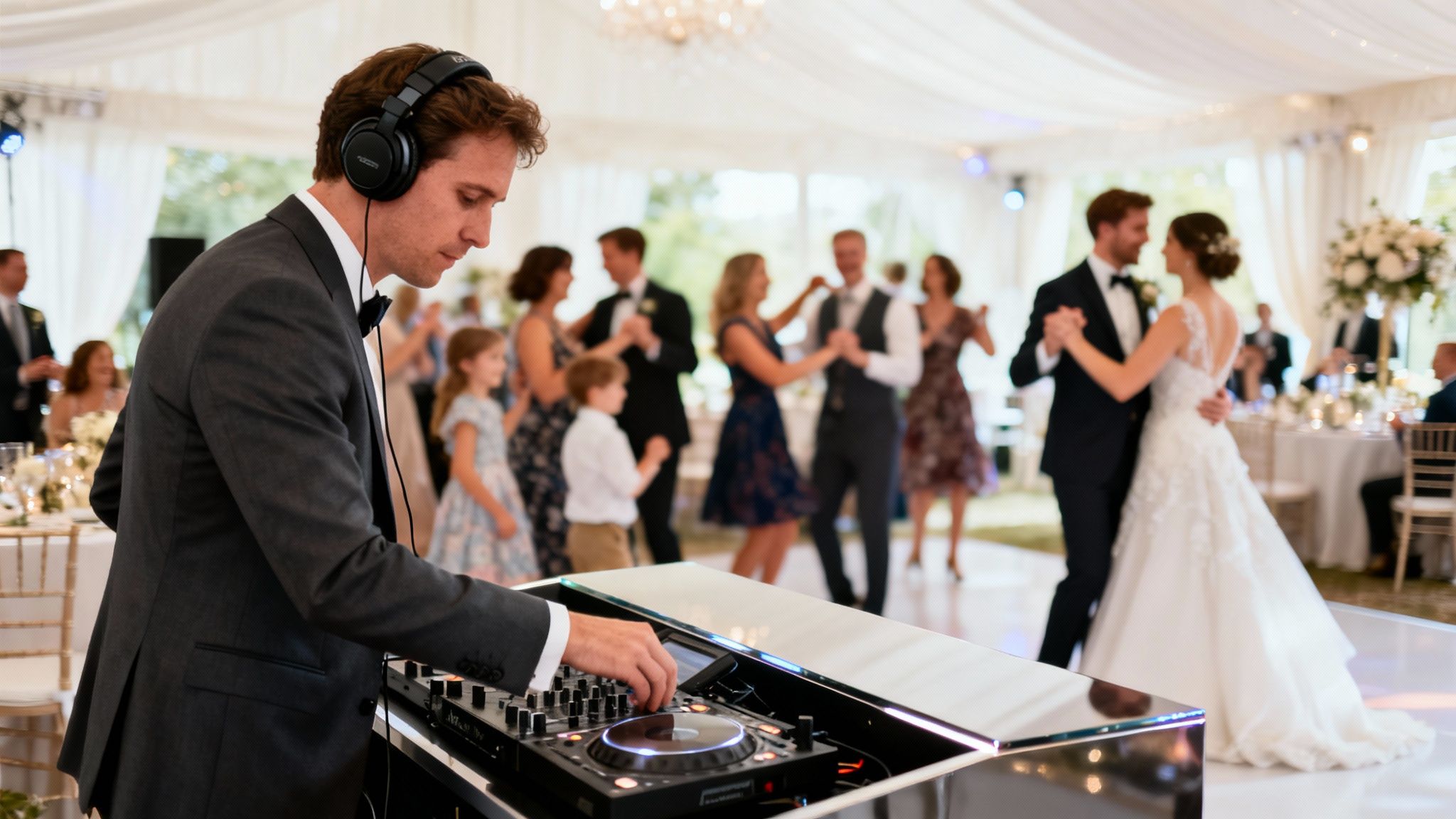 A male DJ with headphones mixes music at a wedding reception with couples dancing.