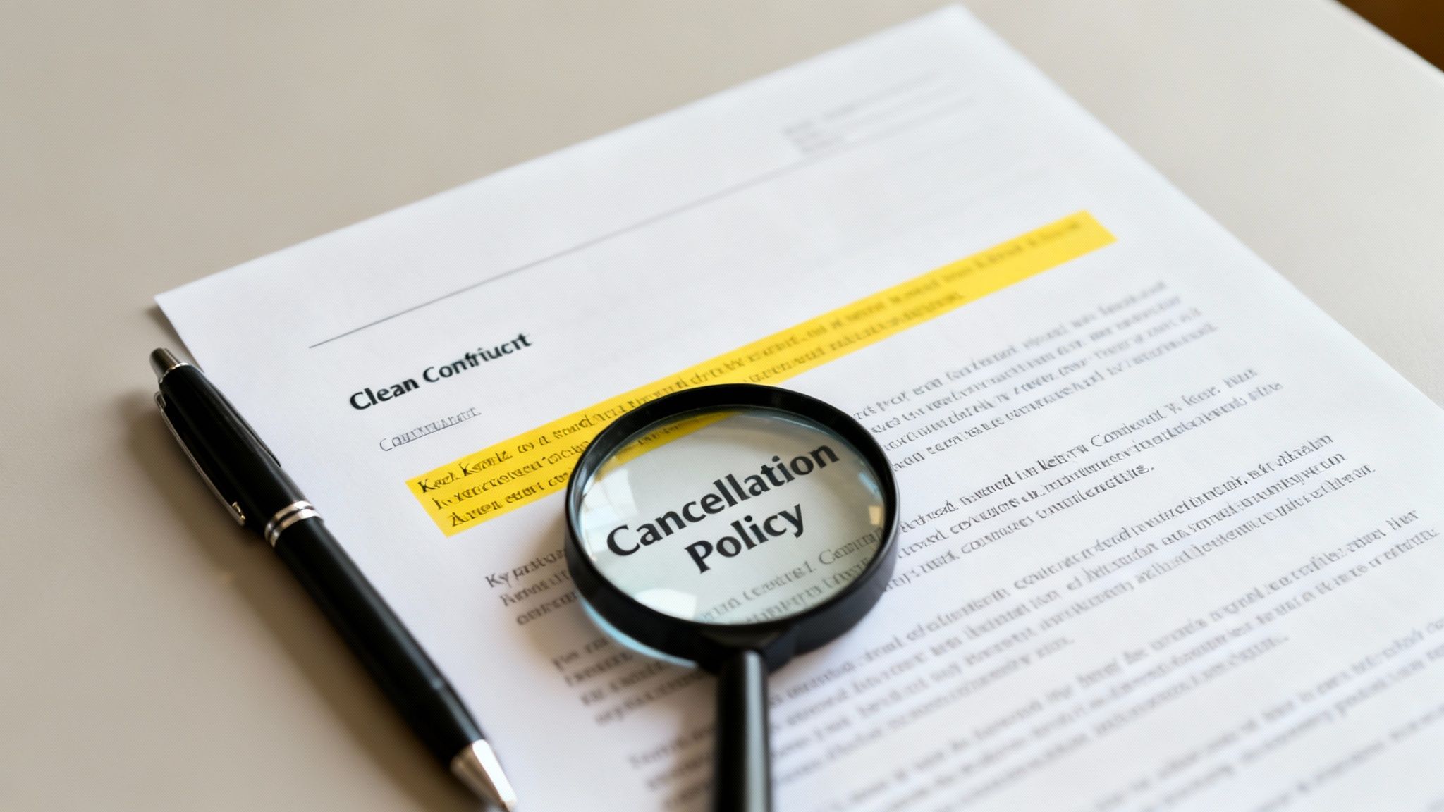 A magnifying glass emphasizing 'Cancellation Policy' on a contract document, next to a pen.