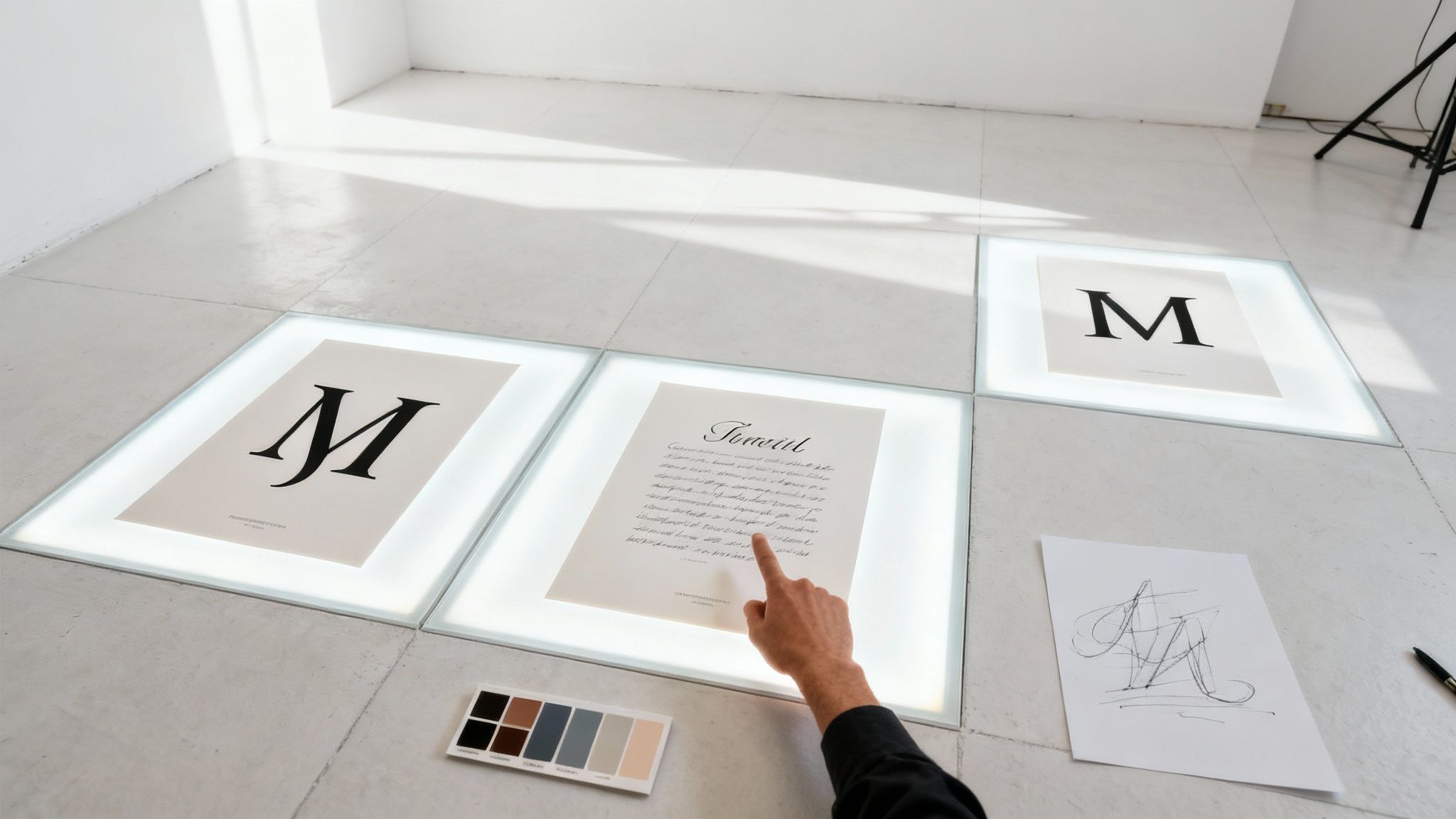 Couple's monogram shining brightly on a lighted dance floor during their first dance